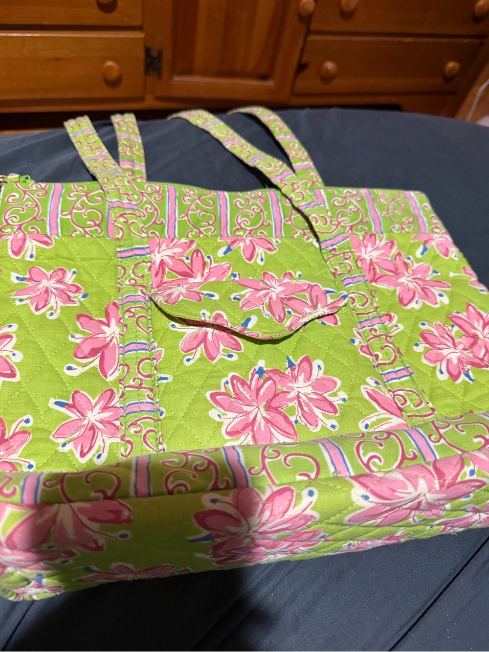 C.C. Boutique Lime Green Quilted Tote with Pink Floral Print